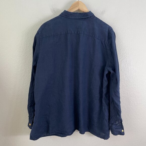 Chaps Classics Womens Plus 2X Blue Button Up 100% Linen Shirt Roll Tab Sleeve - Picture 9 of 9